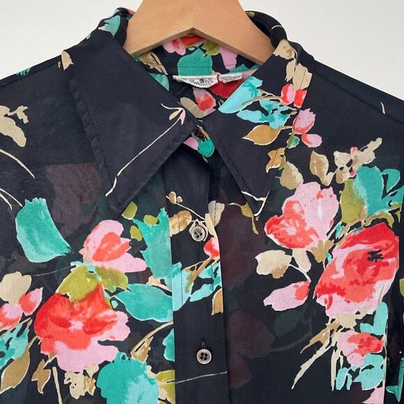 Vintage 1970's ROAMANS dark floral polyester dagger collar long sleeve blouse M - Picture 5 of 8